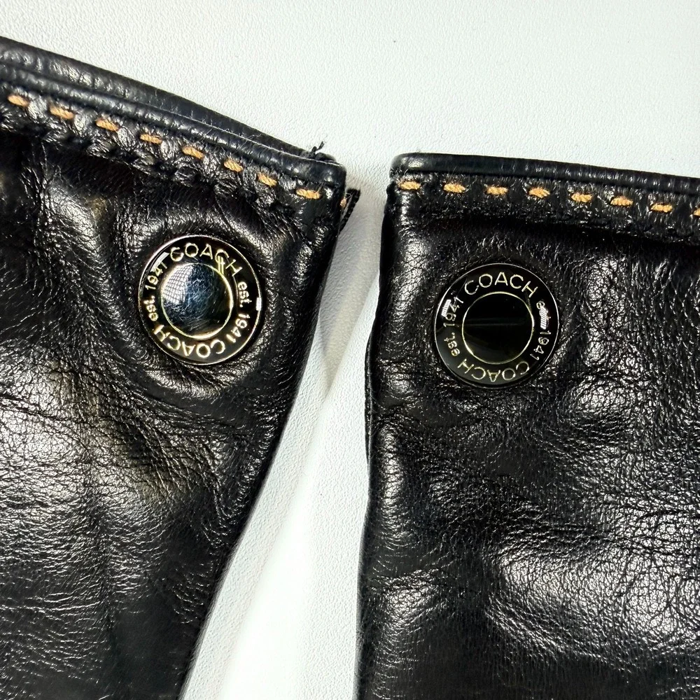 COACH Black Leather Gloves Womens Knit Lined Button Accent With Original Box